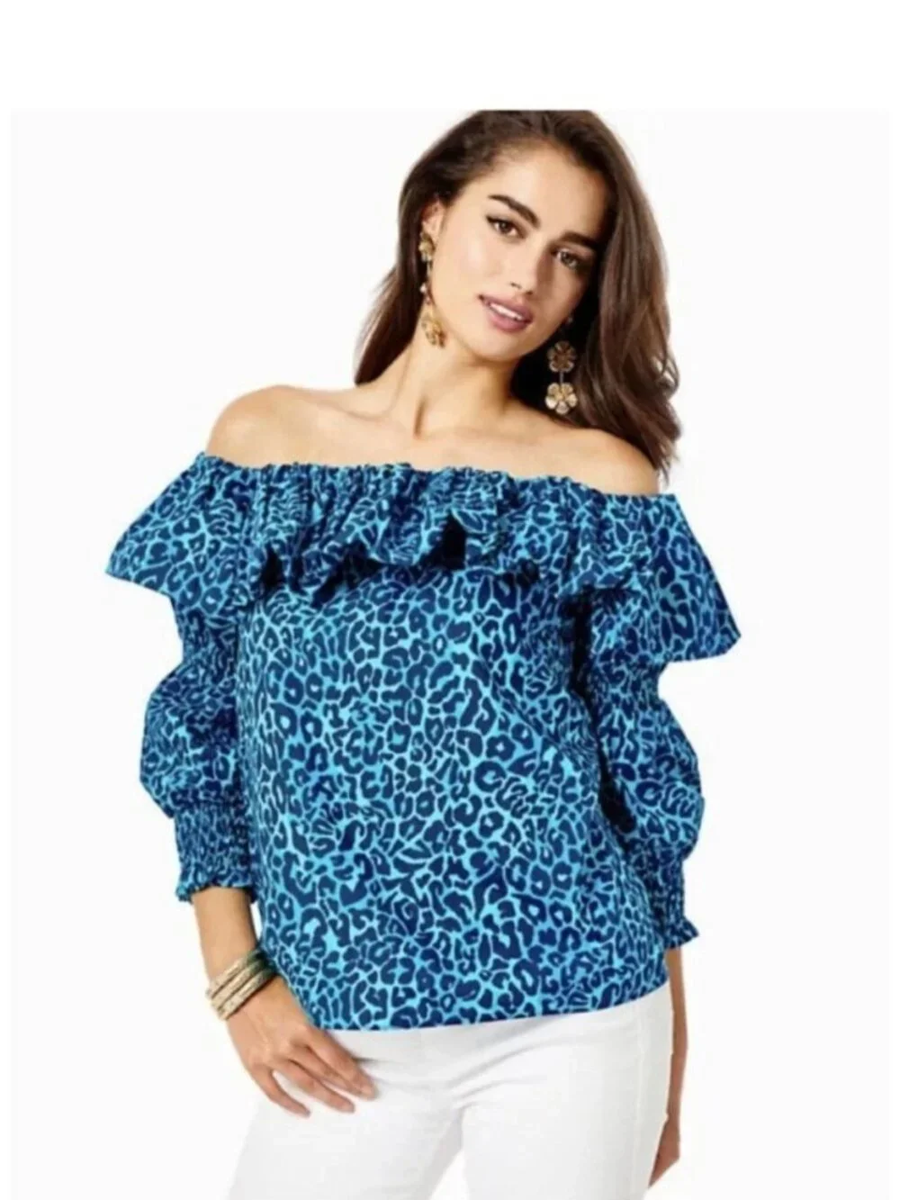 Lilly Pulitzer Beatrix Leopard Turquoise Blue Off the Shoulder Top size Medium